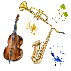 Trumpet, saxophone, contrabass musical instruments watercolor illustration isolated. Set of jazz musical instruments hand drawn. Design element for flyer, live concert events, brochure, poster, print - obrazy, fototapety, plakaty