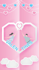 valentine lovely joyful on pink paper background concept. with text love 14 february, boy and girl fly with heart balloon, sky, vector. design for valentine card, gift, poster, paper cut, border, idea