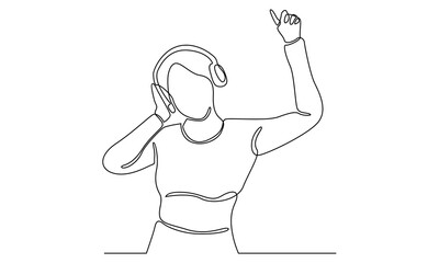 continuous line of woman with earphone listening music enjoy and happy