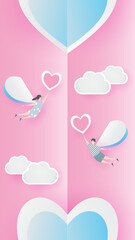 valentine lovely joyful on pink paper background concept. with text love 14 february, boy and girl fly with heart balloon, sky, vector. design for valentine card, gift, poster, paper cut, border, idea