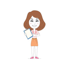 Corporate Girl character holding clipboard. Girl holding empty note. Cartoon illustration in vector style. 