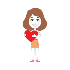 corporate girl holding a red paper heart. Concept design of a girl character with a red heart in his hands. girl character clip art vector isolated on white background.