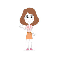 girl character in a pink top points to an empty palm. corporate girl clip art vector isolated on white background.