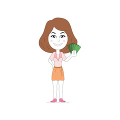 Corporate Girl holding cash money in hands. Cheerful young girl holding currency notes. girl character clip art vector isolated on white background. 