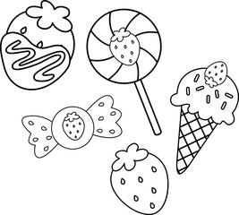 a vector of many sweets with strawberry flavor in black and white coloring