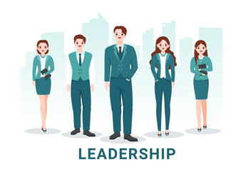 Fototapeta premium Business Leadership with Businessman Leader Helps the Team to Develop Themselves to Success in Flat Cartoon Hand Drawn Templates Illustration