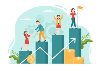 Business Leadership with Businessman Leader Helps the Team to Develop Themselves to Success in Flat Cartoon Hand Drawn Templates Illustration