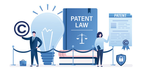 Owners holds patent for new idea or invention. Intellectual property paper document and patent law books. Copyright reserved or product trademark that cannot copy. Protect business ideas. - obrazy, fototapety, plakaty