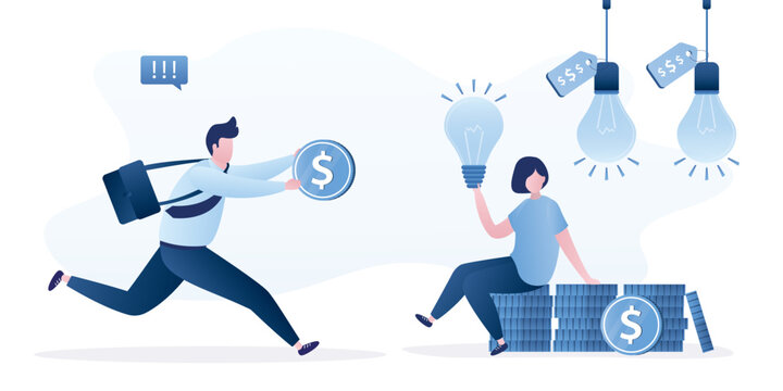 Male investor runs with money and wants to buy new profitable idea to launch a startup. Choosing ideas, finding new inspiration, brainstorming. Smart businesswoman sells idea light bulbs.
