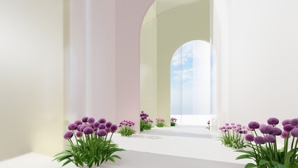 Architecture interior background arched pass with flowers 3d render