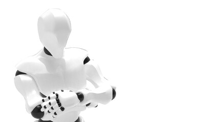 Detailed appearance of the white-black AI robot under white background. Concept 3D CG of automatic operation, optimization and block chain. PNG file format.