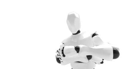 Detailed appearance of the white-black AI robot under white background. Concept 3D CG of automatic operation, optimization and block chain. PNG file format.
