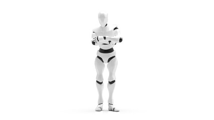 Detailed appearance of the white-black AI robot under white background. Concept 3D CG of automatic operation, optimization and block chain. PNG file format.