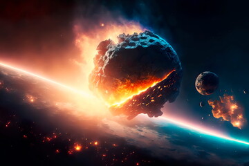 Attack of the asteroid on the Earth . A Meteor glowing as it enters the Earth's atmosphere