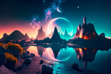 Fantasy night landscape with abstract islands and night sky with space galaxies.