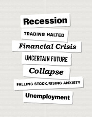 Financial crisis newspaper titles. Stock markets falling down. Trading halted. News headline collection vector ilustration