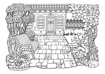 Romantic old town. Coloring Pages. House, pavement, bench, plants. Vector.