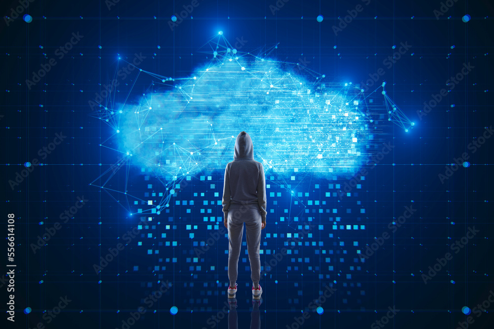 Aufkleber Back view of hacker in hoodie using digital glowing polygonal cloud mesh on blurry blue background. Storage technology concepts, theft, transfer data to cloud computing platforms.