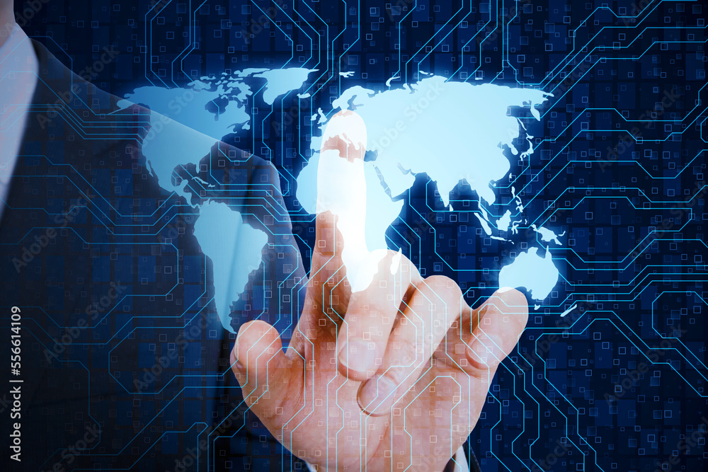 Poster Close up of businessman hand pointing at creative digital futuristic circuit map hologram. Digital communication innovation and technology concepts.