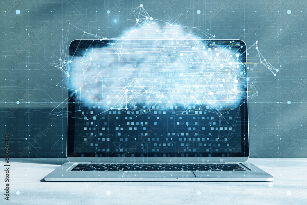 Aufkleber Close up of laptop with digital glowing polygonal cloud mesh on blurry background. Storage technology concepts transfer data to cloud computing platforms.