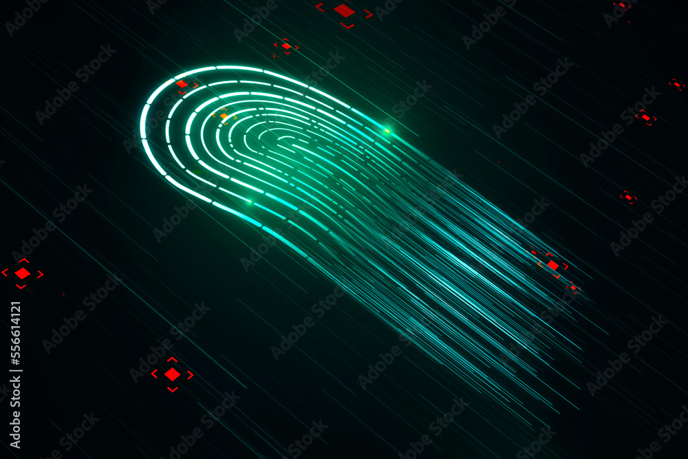 Poster Abstract glowing green fingerprint hologram on dark backdrop. Forensics and ID concept. 3D Rendering.