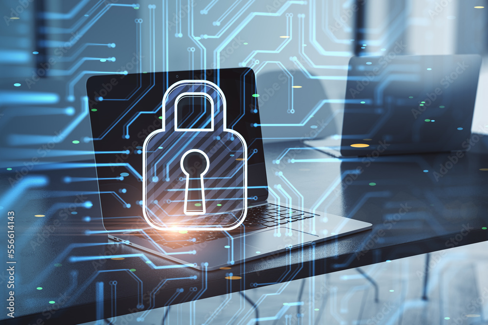 Poster Close up of laptop computer on desktop with glowing padlock and circuit hologram on blurry background. Secure, safety and password concept. Double exposure.