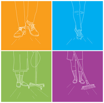 Line drawing of different legs, different working legs, line drawing of legs on color background