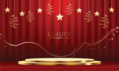 Luxury gold podium scene for product presentation vector. red luxury background.