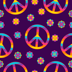 seamless pattern in hippie style with flowers, peace symbols in rainbow colors on dark background.