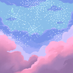 minimal art pink and blue night sky with star and fire works