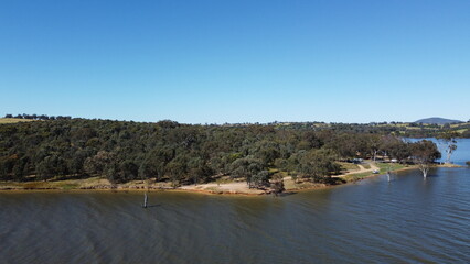 The aerial drone point of view photo at Bowna Waters Reserve is natural parkland on the foreshore of Lake Hume popular boat launching location in Albury, NSW ,Australia.