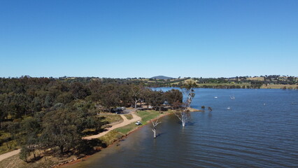 The aerial drone point of view photo at Bowna Waters Reserve is natural parkland on the foreshore of Lake Hume popular boat launching location in Albury, NSW ,Australia.