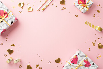 Valentine's Day concept. Top view photo of present boxes straws decorative tape and golden heart...
