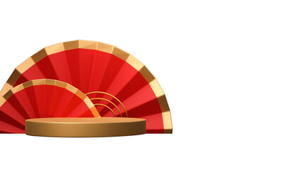 3D Rendering Golden Empty Podium With Accordion Paper Flowers Or Folding Fans Element.