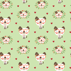 Obraz premium Seamless pattern of a puppy with heart-shaped glasses, full length and his face in a border of leaves
