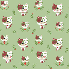 Seamless pattern of a little cat with heart-shaped glasses, full length and his face in a border of leaves
