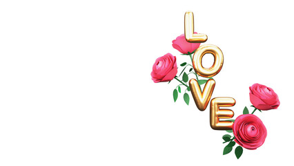 Golden Foil Love Alphabet With Rose Flowers Element In 3D Illustration.
