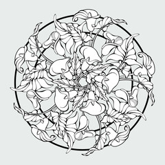 Floral mandala with calla flowers and leaves. Outline. Vector illustration.