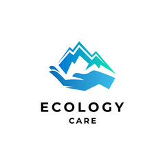 hand and mountain for mountain care, camp, outdoor and recreation logo