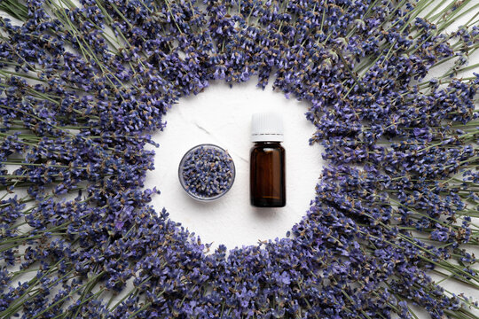 Lavender essential oil and dried flowers isolated over white concrete background. Top view, flat lay.