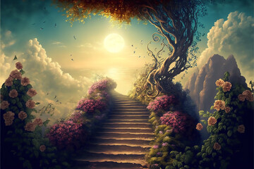 Stairway to heaven with sun and clouds surrounded by flowers and garden