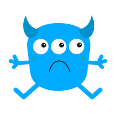 Monster head silhouette. Happy Halloween. Blue animal sitting. Cute Funny Kawaii cartoon baby character. Three eyes, horns. Sad face. Boo. Sticker print. Flat design. White background.