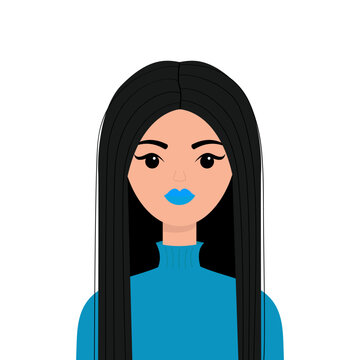 Portrait of woman. Young girl face. Beautiful lady, female. Front view. Brunette hairstyle. Long black hair. Avatar for social networks. Blue lipstick makeup. Flat design. White background.