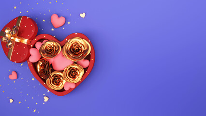 3D Render, Golden Roses and Hearts on Purple Background. 