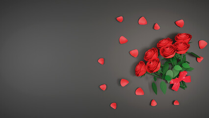 Red Roses and Petals, Love Concept. 3D Render. 