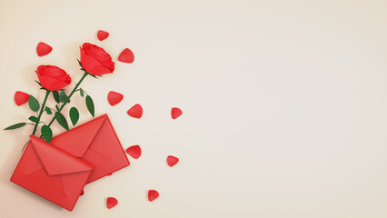 3D Render, Red Roses, Envelopes and Petals, Love Concept. 