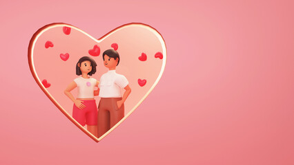 3D Render of Young Couple Hugging In Heart Shape Frame.