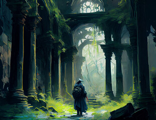 A wizard walking through old ruins digital art illustration