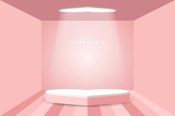 sweet pink room and heart light bulb shining. Realistic pink and white heart 3D cylinder pedestal podium. Happy Valentine's Day minimal scene for product display
