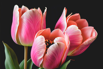 Bouquet of fresh, pink tulip flowers isolated on black with copy space. Ideal for projects.